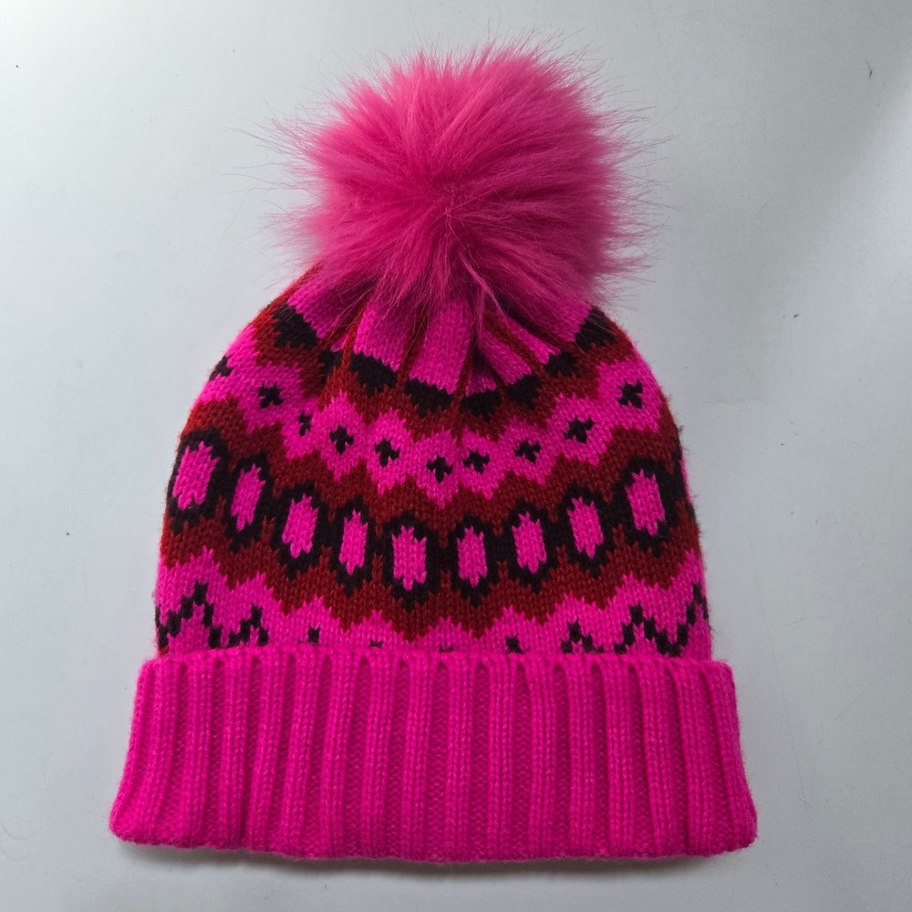 Gap Kids Beanie S/M Pink Fair Isle Knit Faux Fur Pom Pom Winter Hat Cozy Hat